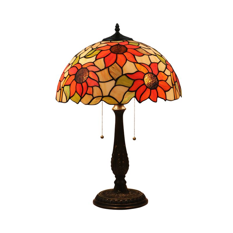 Lampada da comodino a 2 teste in bronzo Lampada da scrivania con catena a tirante a cupola in vetro tagliato vittoriano con motivo girasole