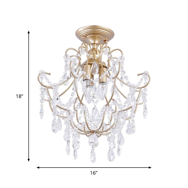 Gold Swooping Arm Semi Flush Light Contemporary Crystal Stands 3 Heads Porch Ceiling Flush