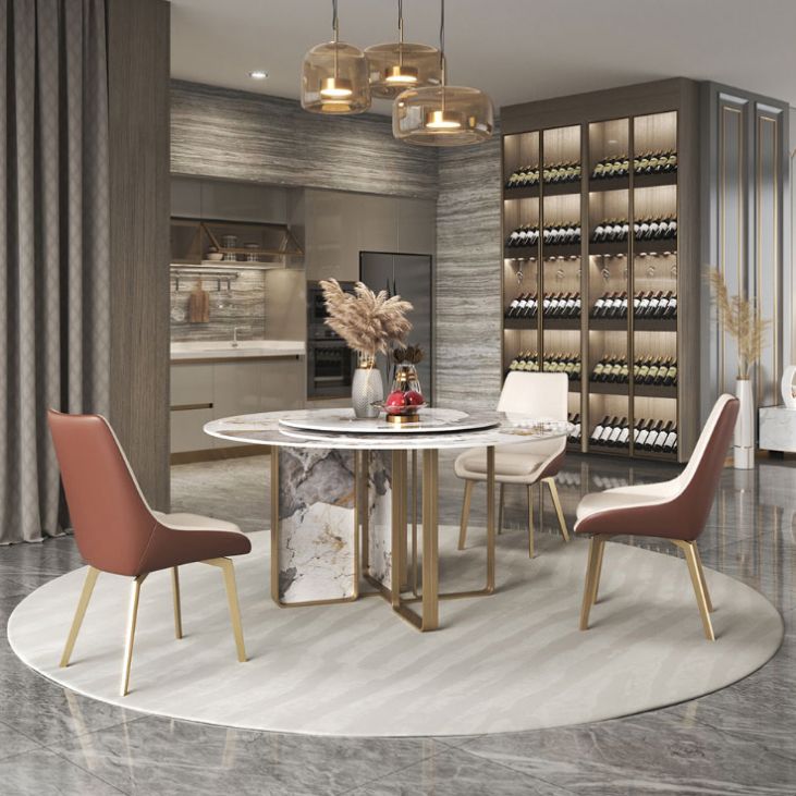 Round Dining Set 1/3/4/5/7 Pcs Stone Dining Table and Upholstered Chairs