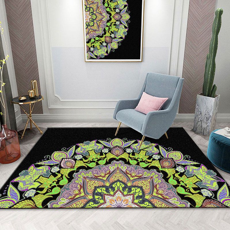 Black Morocco Area Rug Antique Pattern Polyester Area Carpet Stain Resistant Rug for Home Decor