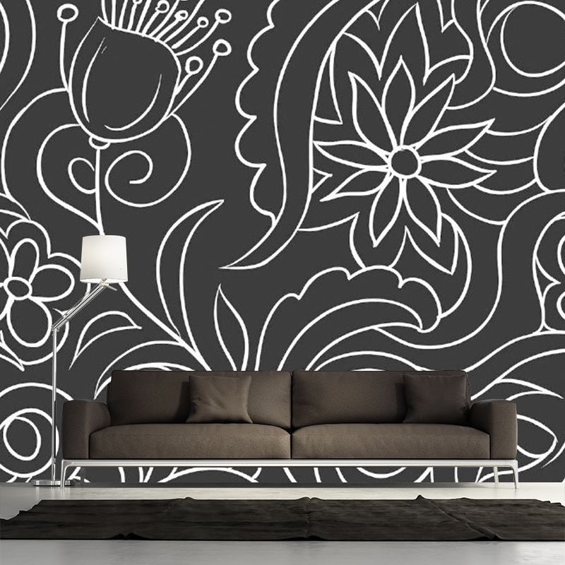 Black and White Minimalist Mural Wallpaper Whole Floral Wall Art for Living Room