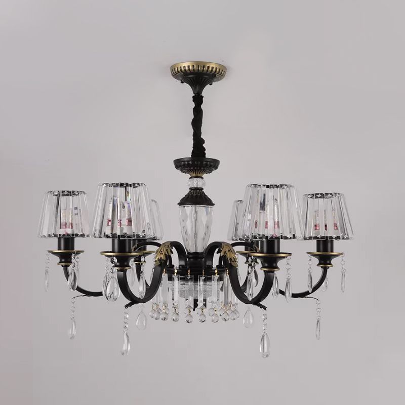 Traditional Cone Down Lighting 6/8 Heads Clear Crystal Glass Chandelier Light Fixture in Black with Droplet