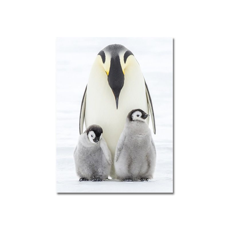 Photo-Print Penguin Family Canvas Wall Art for Living Room, Grey and White, Textured