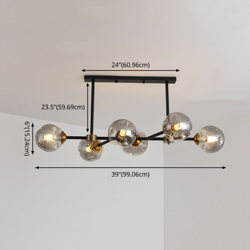 Luce di isola a 6 luci nere in moderno stile a sospensione in ferro battuto in stile creativo con tonalità di vetro