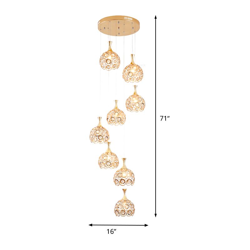 Dome Stair Cluster Pendant Lamp Minimalist Crystal 8 Lights Gold Suspension Light Fixture