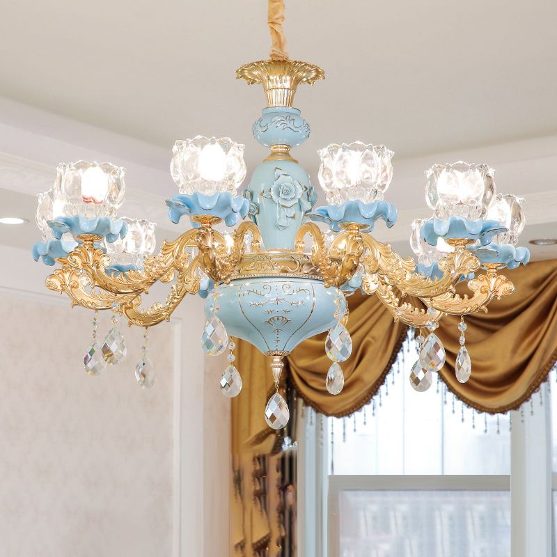 Flower Ribbed Glass Chandelier Lighting Classic Living Room Pendant Light with Crystal Draping in Blue