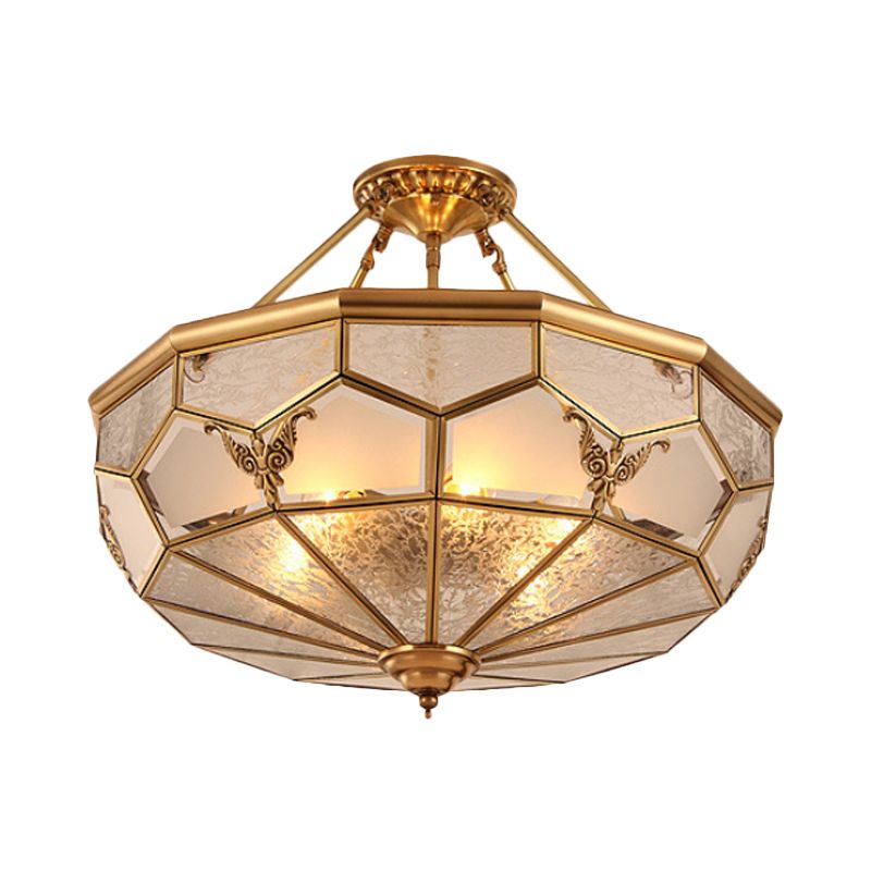 3/4-Light Frosted Glass Semi Flush Light Colonialist Brass Beveled Living Room Close to Ceiling Chandelier, 14"/18" W