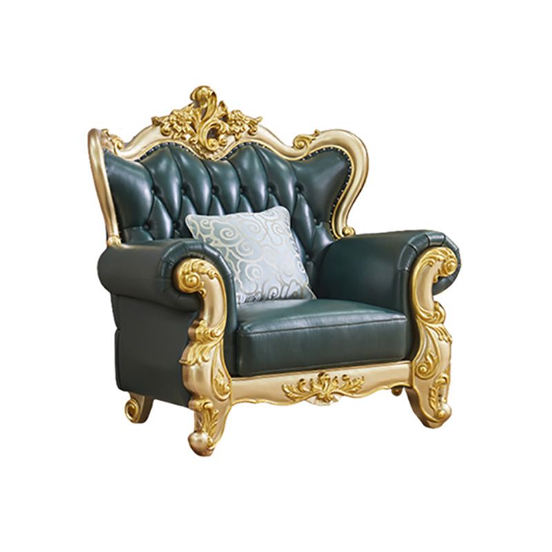 Tufted Split-Back Sofa Green Genuine Leather Rolled Arm Sofa with Nailhead