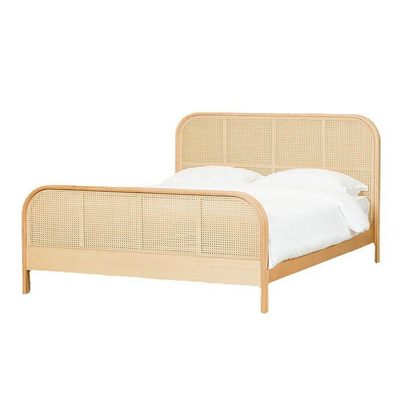 Natural Solid Wood Standard Bed Tropical Panel Bed with Headboard and Footboard