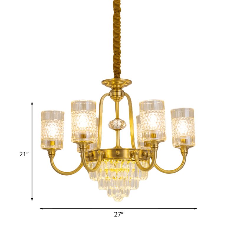 6-Light Pillar Hanging Chandelier Postmodern Gold Textured Glass Pendant Lamp with Tiered Crystal Prism