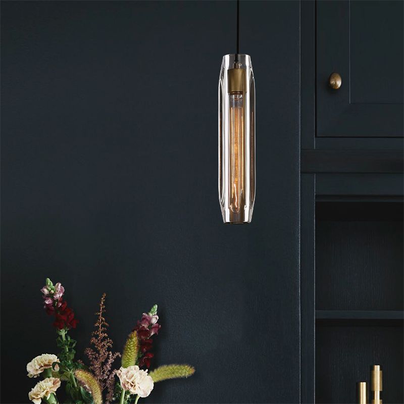 Lampada a sospensione cilindrica in ottone in moderna luce a sospensione a singolo pendente di rame di lusso con tonalità di cristallo