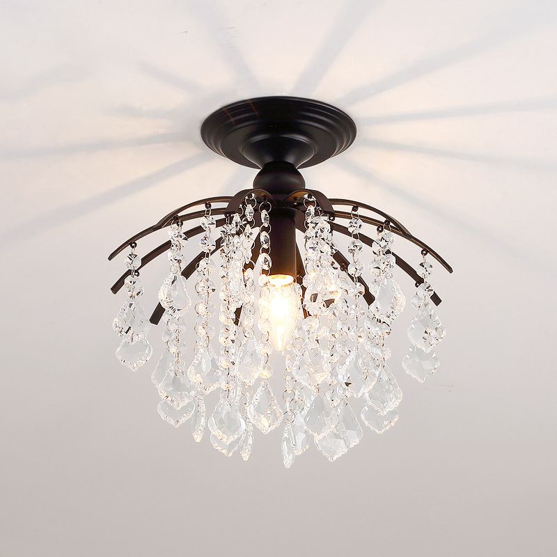Metal Branch Semi Flush Mount Lighting Rural 1 Head Hallway Crystal Ceiling Light Fixture