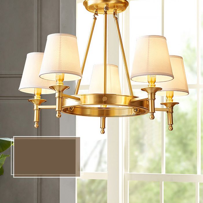 Post-Modern Wagon Wheel Hanging Chandelier Light White Linen Shade Ceiling Chandelier in Gold for Dining Table