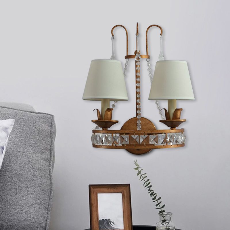 Rust 2 Heads Wall Lighting Idea Retro Metallic Candelabra Wall Mount Lamp with Fabric Shade