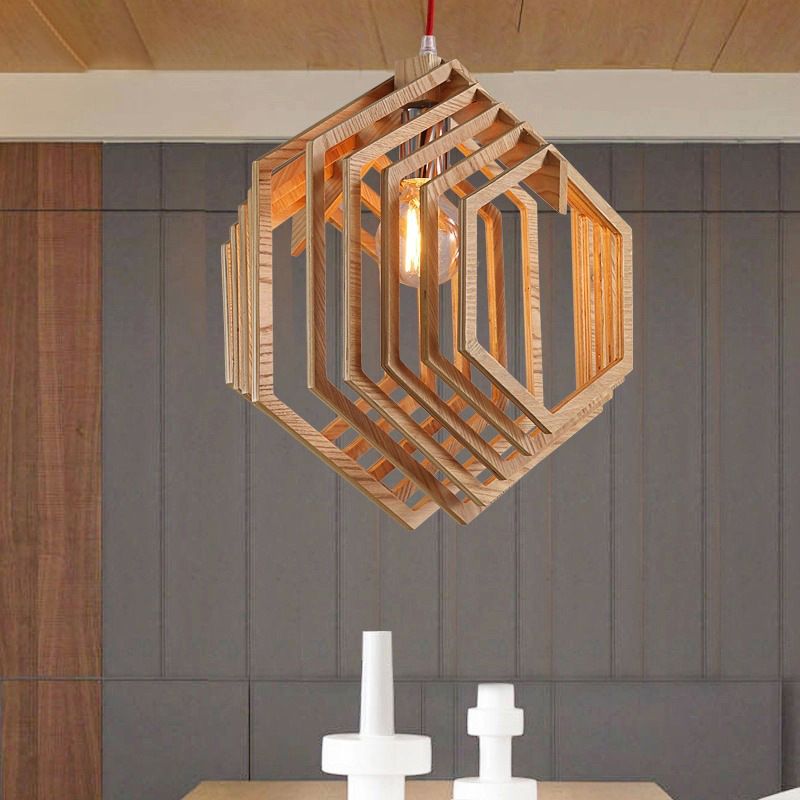 Layered Hexagon Hanging Lamp Modern Wood 1 Bulb Dining Room Ceiling Pendant Light in Brown