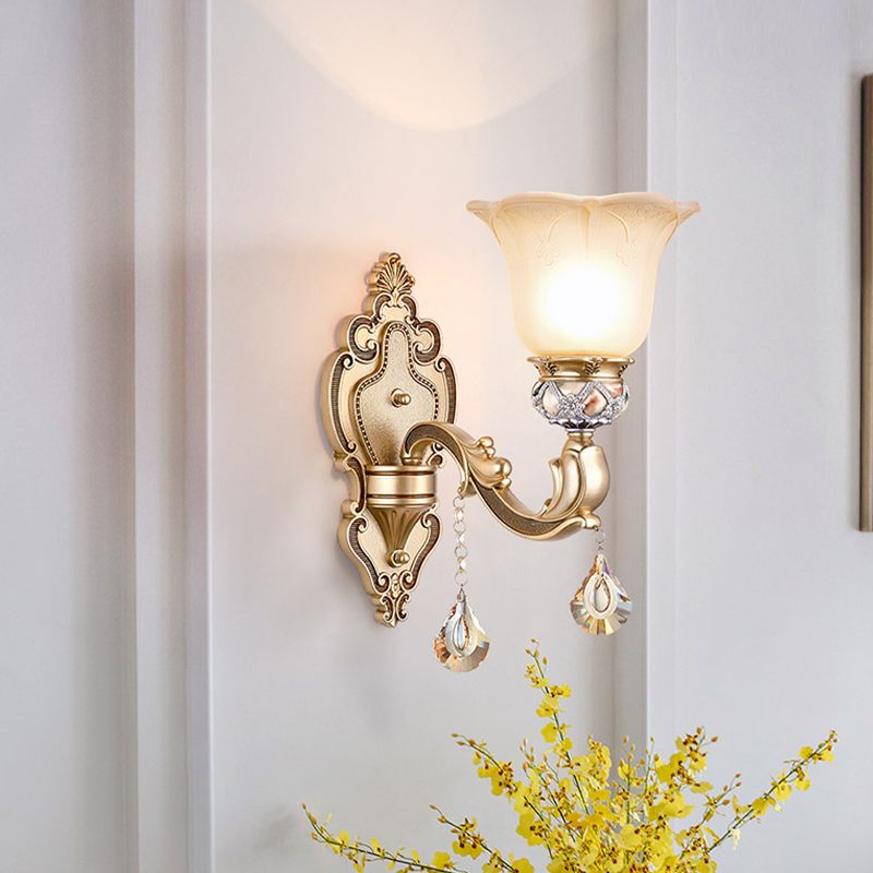 1 Bulb Floral Wall Sconce Vintage White Etched Glass Wall Lamp with Crystal Accent and Gold Curly Resin Arm
