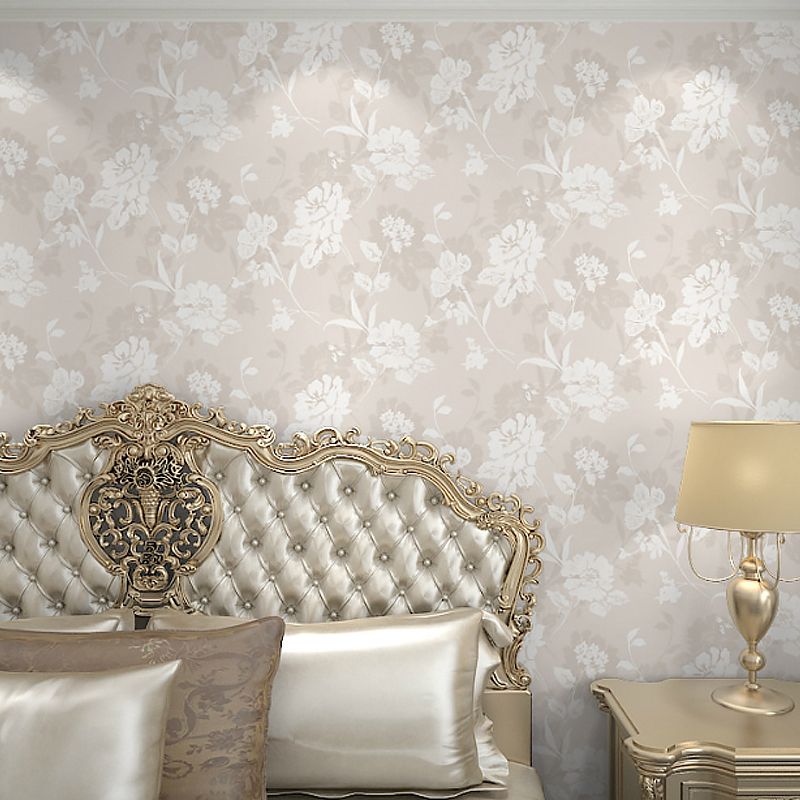 Blooming Peony Print Wallpaper Roll Light-Grey Rustic Wall Covering for Living Room