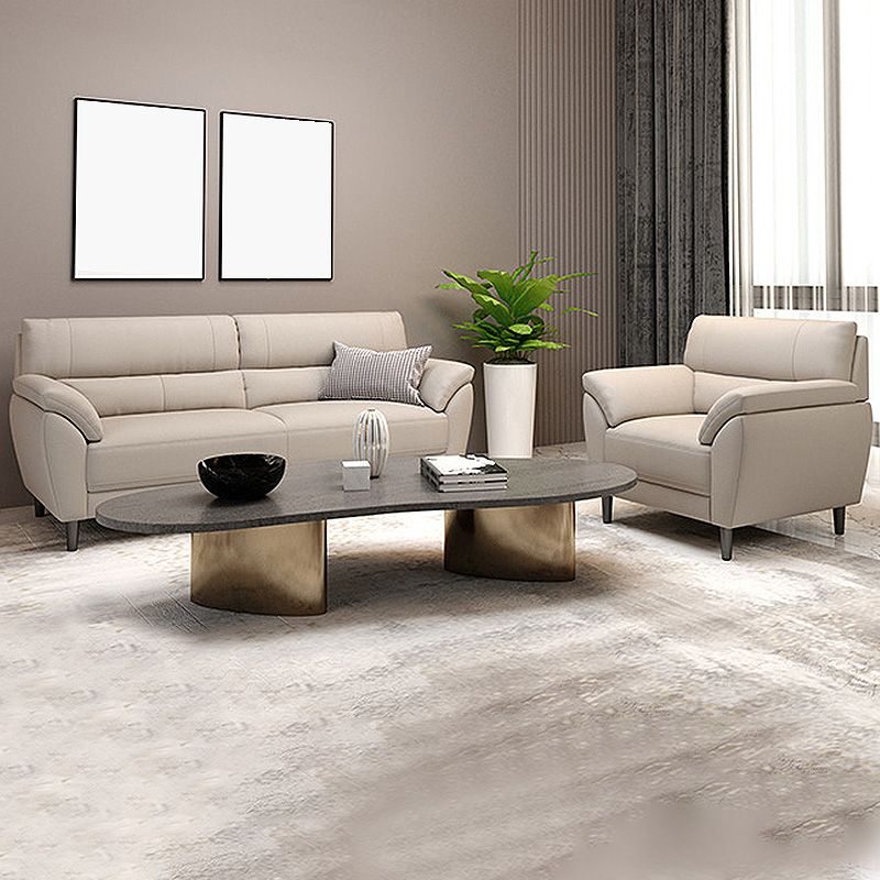 Contemporary Leather Pillow Top Arm Beige Sewn Pillow Back Sofa Couch