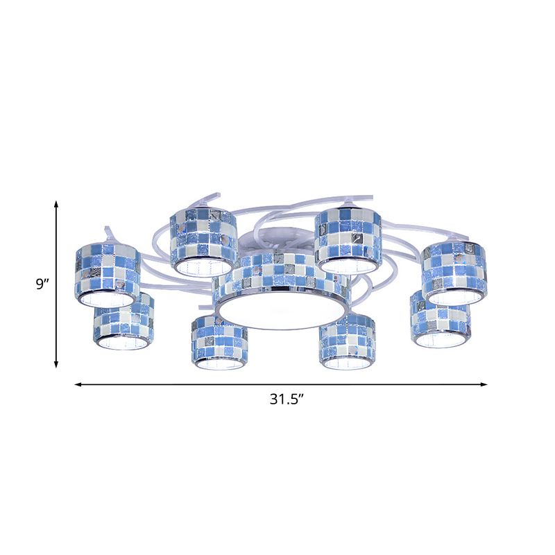 Mediterranean Drum Checkered Semi Flush 11 Heads Blue Glass Ceiling Mount Chandelier for Living Room