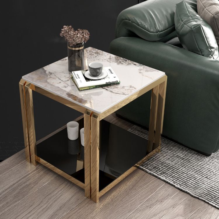 Mid-Century Modern Stone Top End Table Stainless Steel Frame Sofa Side Table