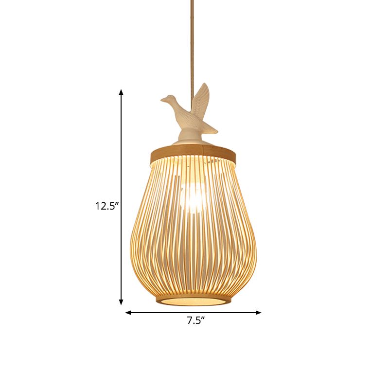 Wood Cage Hanging Lamp Modern 1 Head Bamboo Ceiling Pendant Light with White Bird