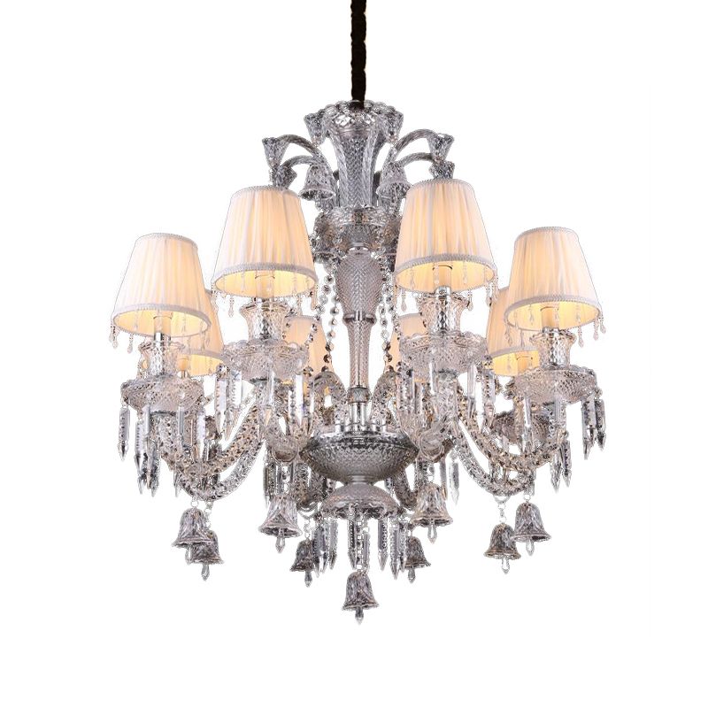 Beige Tapered Chandelier Pendant Light Modernism 8 Heads Crystal Hanging Lamp with Fabric Shade