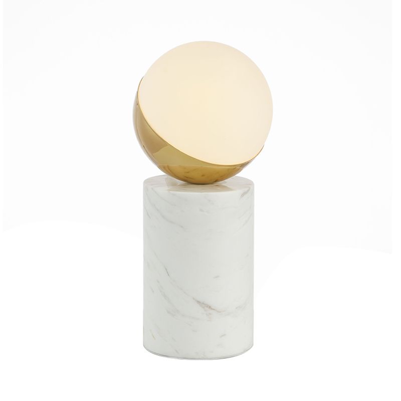 Minimalist Ball Nightstand Light Cream Glass Single Bedside Table Lamp with Marble Pillar in Brass and White