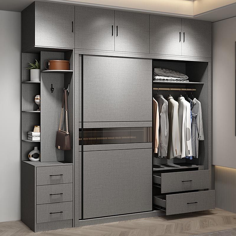 Contemporary Wooden Wardrobe Gray Colour Wardrobe Closet with Sliding Door