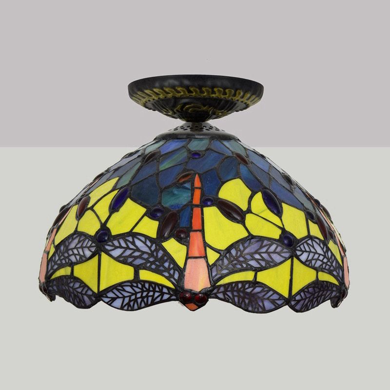 Lampe encastrée Tiffany Dragonfly, 1 ampoule, vitrail proche du plafond, luminaire en laiton