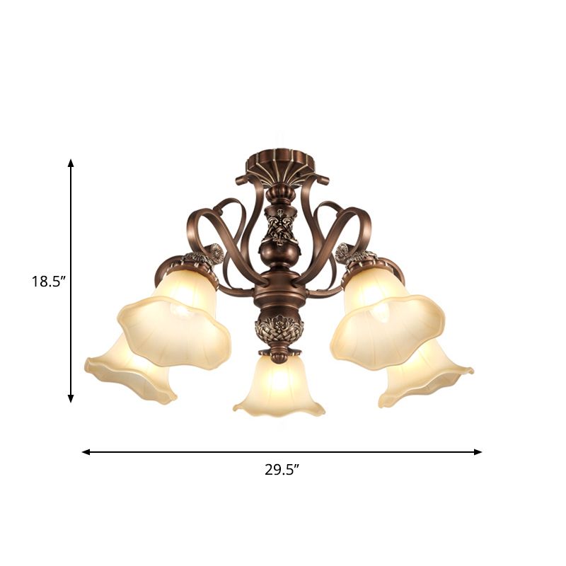 5/6/8 Lights Floral Shade Semi Flush Light Countryside Brown Opal Glass Close to Ceiling Lamp for Living Room