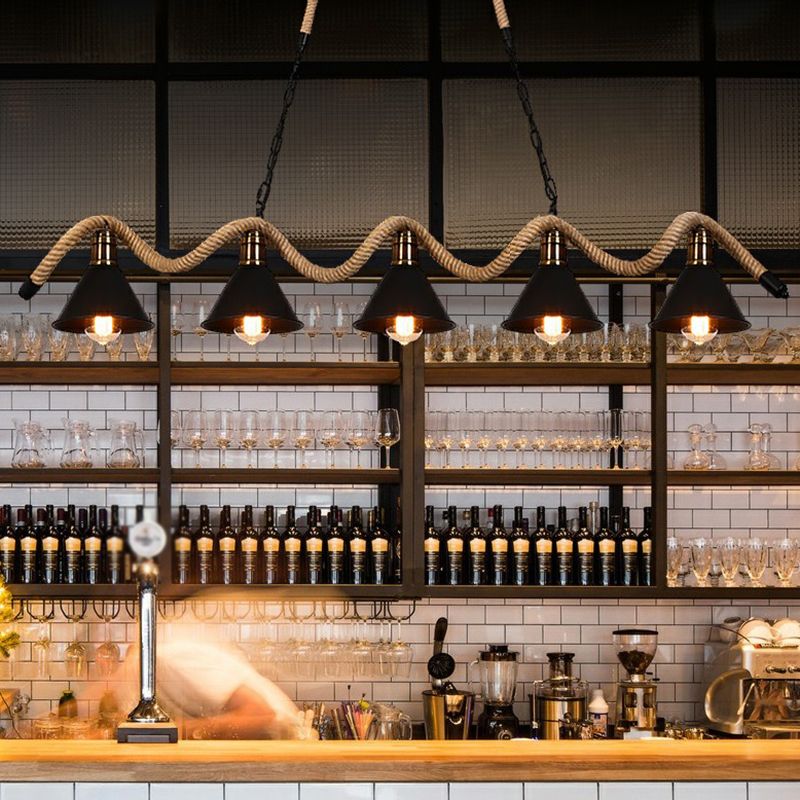 Matte Black Cone Island Lighting Industrial Metal Cafe Bar Hanging Light with Twisted Rope