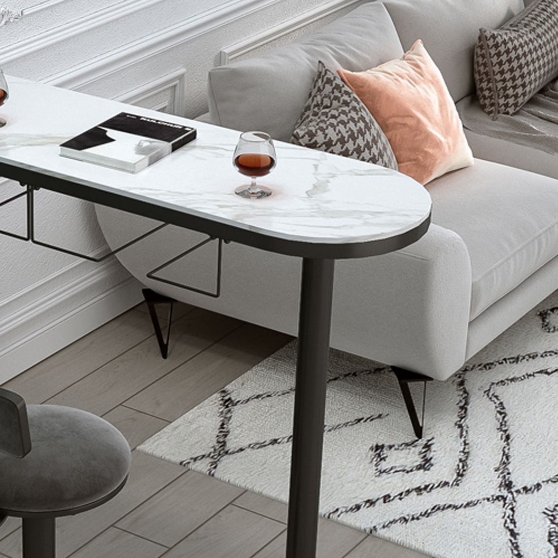 Glam Style Iron Bar Table 41.3"H Faux Marble White Top Bistro Table with Wine Rack