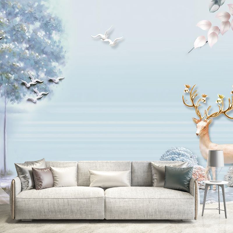 Sikaherten in bosmuurschilderingen in zachte kleuren, eigentijds wanddecor voor woonkamer