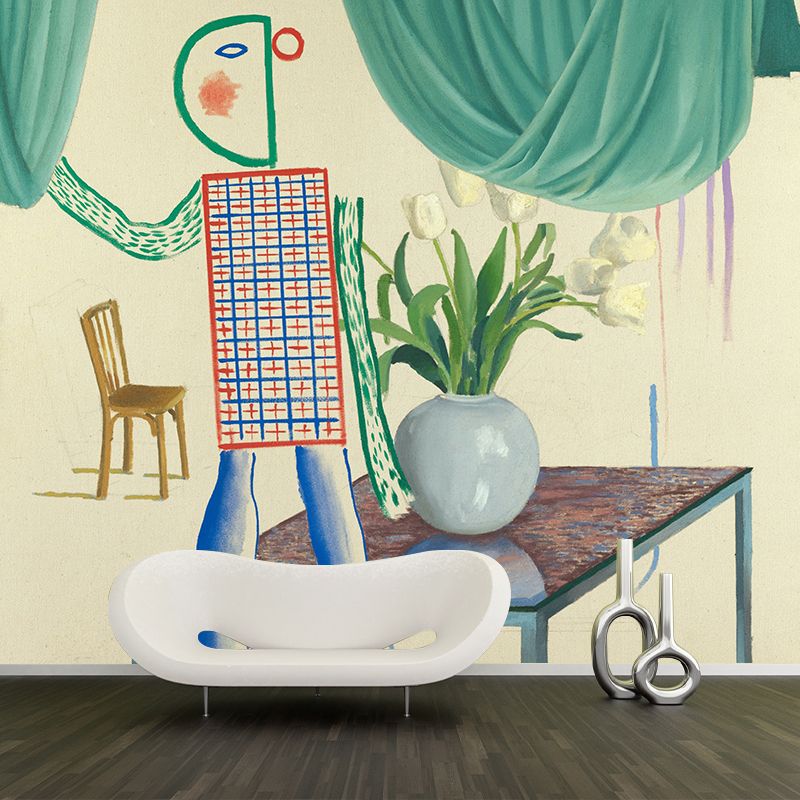 Yellow-Green Art Deco Mural Wallpaper Full Size Bot Man Wall Covering for Bedroom