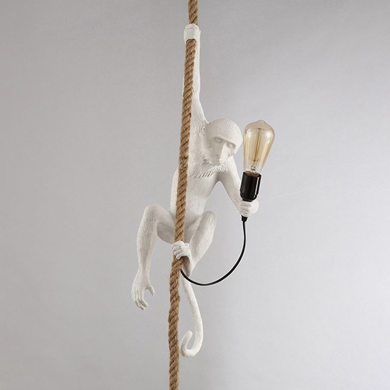 Resin Monkey Hanging Ceiling Light Modern 1-Light White Pendant Lamp with Rope Cord