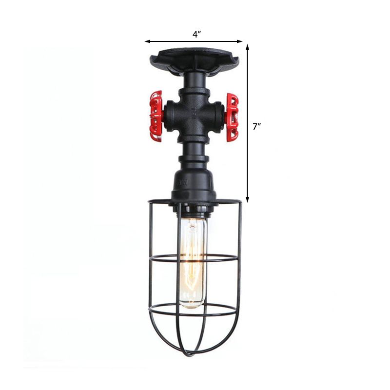Wire Cage Metal Semi Flush Light with Valve Nautical Stylish 1 Light Living Room Ceiling Light Fixture in Black/Bronze