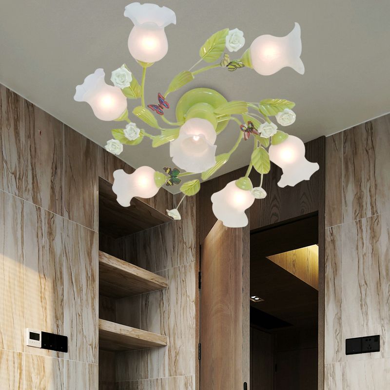Green 7 Lights Semi Flush Light Pastoral Frosted Glass Floral Ceiling Mount Chandelier for Bedroom