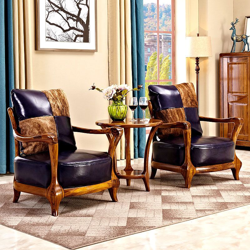 Solid Wood Frame Dining Arm Chair Leather Upholstered Arm Chair