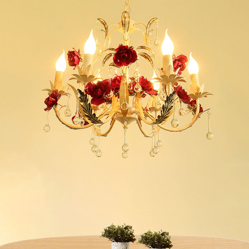 Beige 6 Bulbs Chandelier Light Rustic Iron Candlestick Pendant Lamp with Crystal Drop
