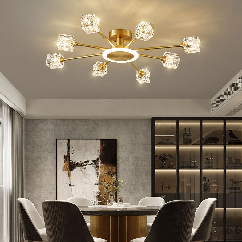 Square Crystal Shade Semi Flush Mount in Modern Luxury Style Sputnik Metal Ceiling Light for Living Room