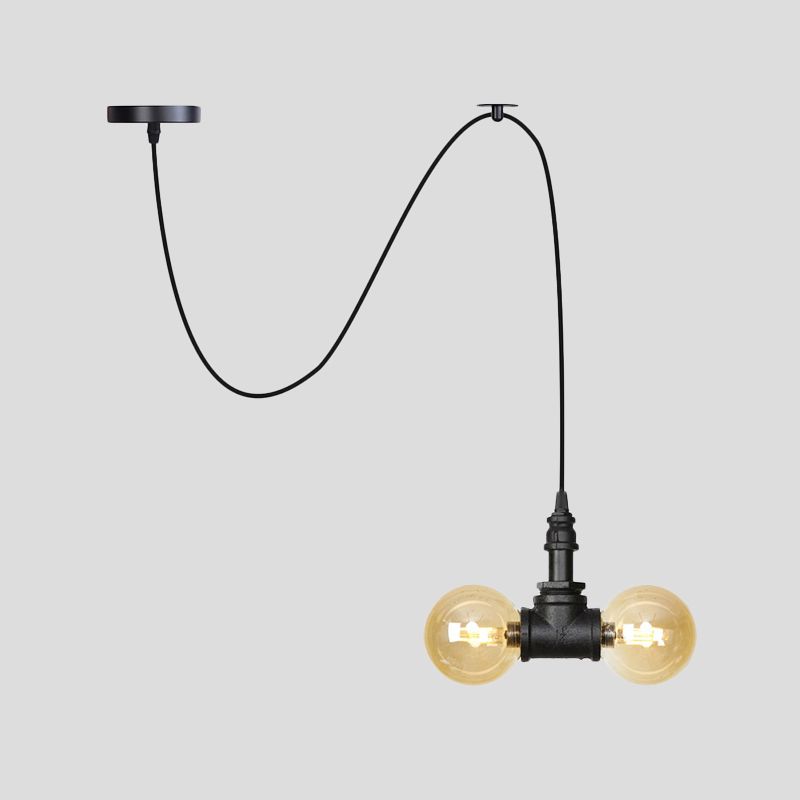 Amber Glass Black Pendant Chandelier Spherical/Capsule 2 Heads Antiqued Suspension Lamp with Swag Design