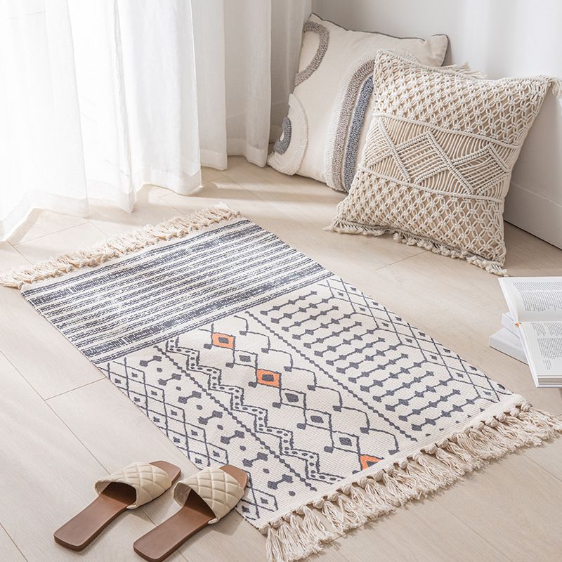 Calming Tribal Print Rug Cotton Fringe Carpet Pet Friendly Indoor Rug for Living Room