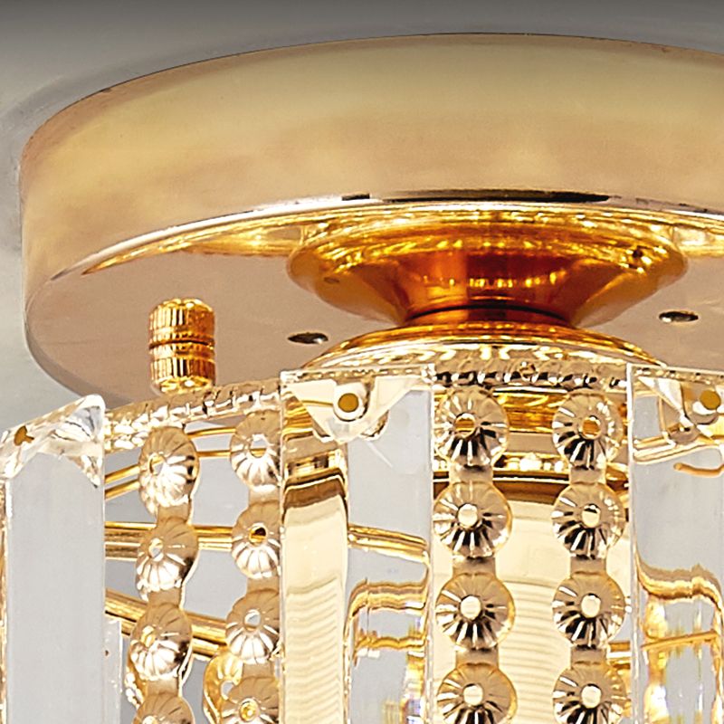 Cylindrical Crystal Mini Flush Lamp Simple 1 Light Golden Corridor Ceiling Mounted Light, 7" Wide