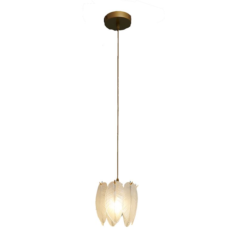 1-Light Feather Drum Shade Hanging Lamp, Contemporary Ribbed Glass Hanging Light