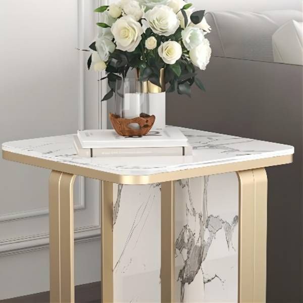 Modern Rectangular Stone Side End Table with Metal Abstract Leg