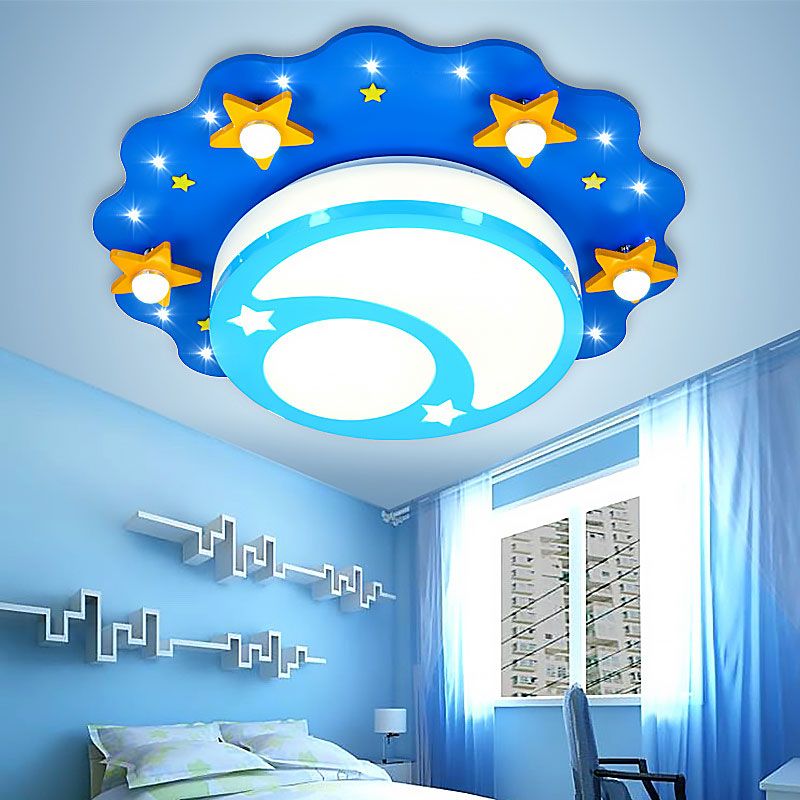 Acrylic Night View Flush Ceiling Light Cartoon Ceiling Lamp in Blue for Kindergarten