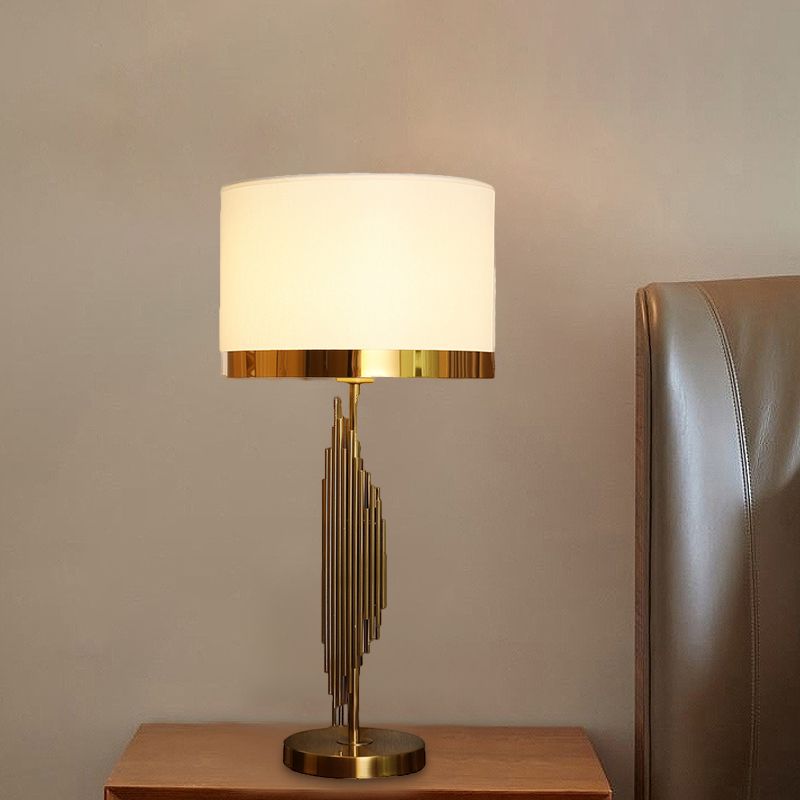 Cylindrical Fabric Task Lamp Modern 1 Head White Table Light with Gold Circle Metal Base