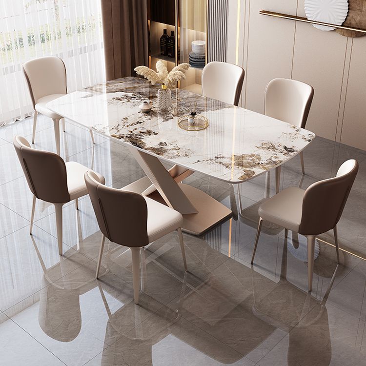 Rectangular Luxury White Stone Top Dining Table with Metal Pedestal