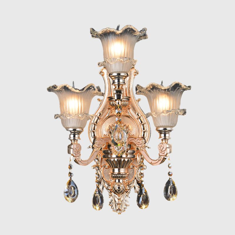 Frosted Glass Gold Wall Lamp Floral 3 Bulbs Traditionalist Wall Lighting Fixture with Crystal Accent for Restaurant