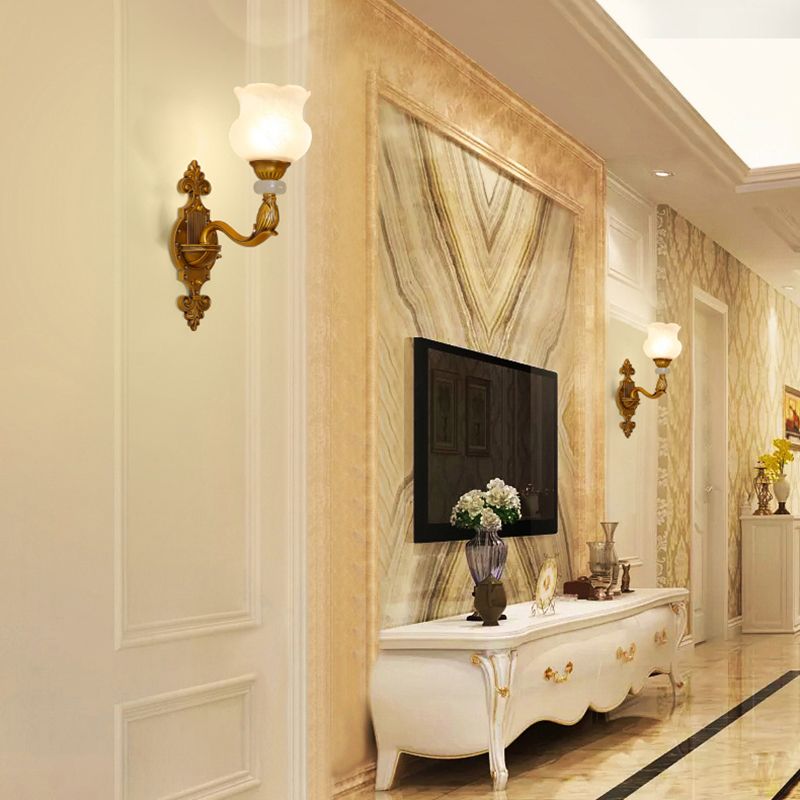 1/2-Bulb Floral Wall Light Fixture Classic Style Milk Glass Sconce Lamp with Brass Carved Backplate